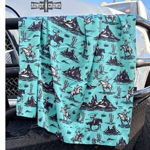 Turquoise Nights Wild Rag | Small 21" Vintage Western Cowboy Scene Scarf